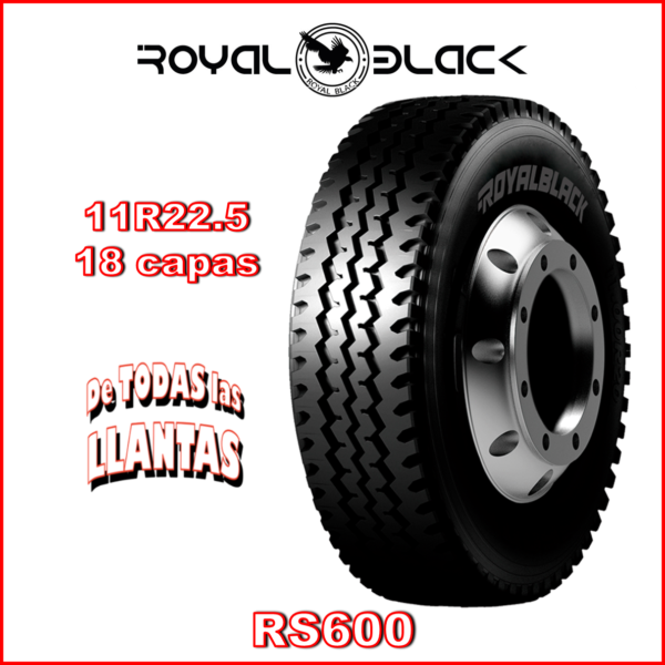 Llanta Royal Black RS600 11R22.5 TL 18 149/146M para camión, diseñada para tracción en rutas mixtas regionales y largas distancias.