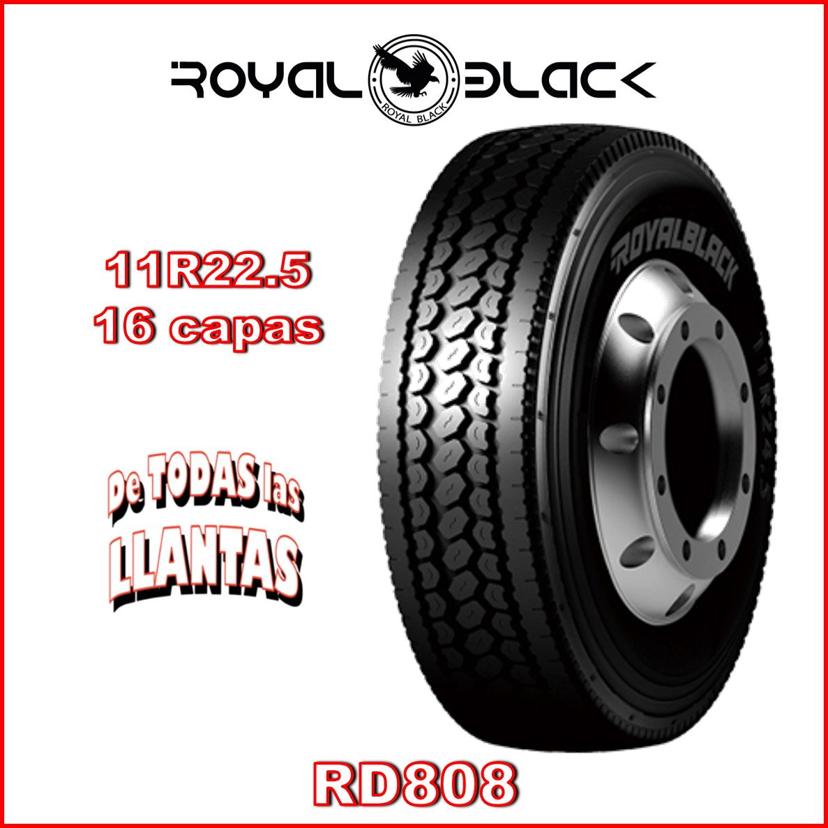 Llanta para camión Royal Black RD808 11R22.5 con diseño de tracción, ideal para carga pesada.