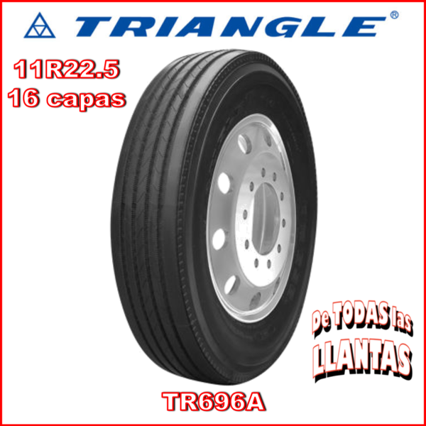 "Llanta direccional para camión TRIANGLE TR696A medida 11R22.5 TL 16 146/143M, ideal para rutas largas con excelente estabilidad y desgaste uniforme."