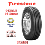 "Vista frontal de la llanta Firestone FS591 en medida 11R22.5 16C TP, diseñada para posición direccional o toda posición, con un diseño de banda de rodadura optimizado para reducir el desgaste irregular y mejorar la eficiencia del combustible."