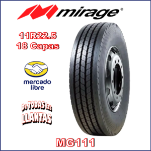 "Imagen de la llanta Mirage MG111 11R22.5-18C 146/143M, adecuada para toda posición en camiones comerciales."