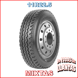 Llantas de camión 11R22.5 mixtas con diseño de zigzag, ideales para rutas mixtas y terrenos variados.