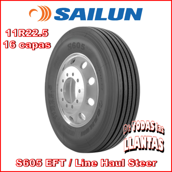 Llanta para camión Sailun S605 EFT 11R22.5 TL 16 146/143M, diseño direccional optimizado para larga distancia, eficiencia de combustible y durabilidad superior.