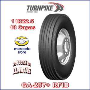 "Imagen de la llanta Turnpike GA257+ 11R22.5-18C 146/143M RFID, diseñada para garantizar seguridad y eficiencia con tecnología RFID y un diseño robusto para camiones."