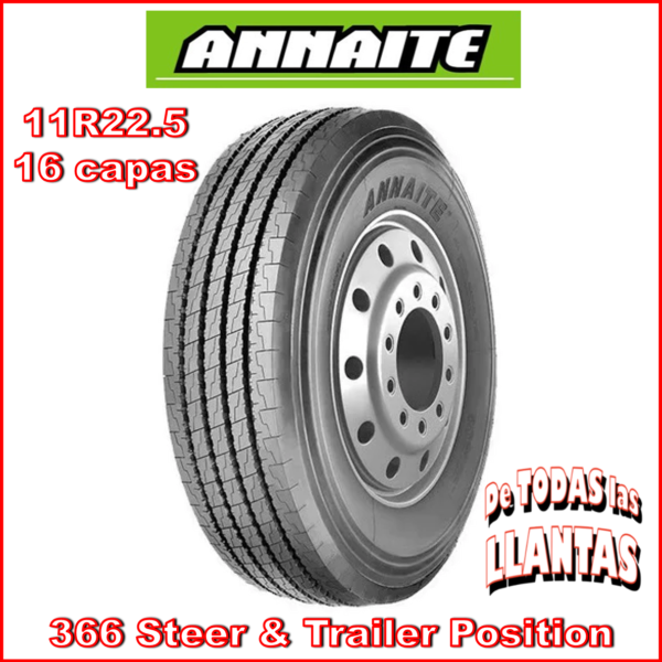 "Llanta ANNAITE 366 11R22.5 TL 16 146/143M para camión, posición de dirección y remolque, diseñada para un desgaste uniforme y tracción superior."