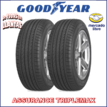 La imagen muestra la llanta Goodyear Assurance TripleMax modelo 205/55R16, diseñada para ofrecer una excelente tracción en condiciones húmedas, mayor durabilidad y eficiencia en el consumo de combustible. El diseño de la banda de rodadura y el logo de la marca Goodyear son claramente visibles.