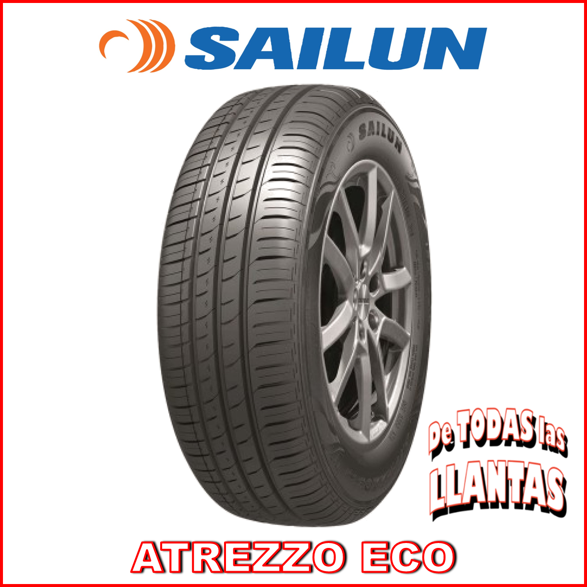 Llanta Sailun Atrezzo Eco 185/60R14 82H mostrada con logotipo y diseño informativo.