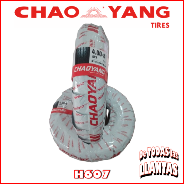 Llanta Chaoyang H607 4.00-8 TT 6PR 59J, ideal para mototaxis y triciclos de carga, con excelente resistencia y durabilidad.