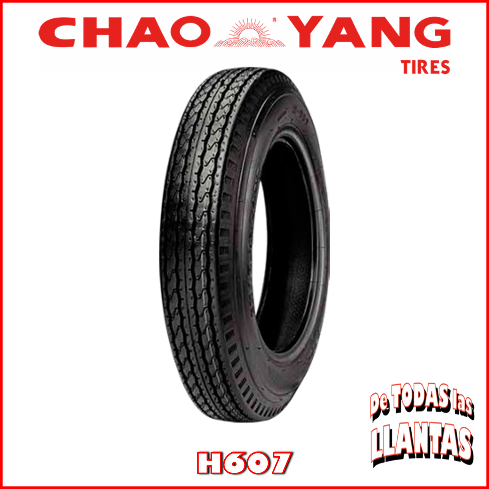 Llanta Chaoyang H607 4.00-8 TT 6PR 59J, diseñada para mototaxis y vehículos de carga ligera, con un diseño de banda de rodadura que mejora el agarre y la estabilidad.