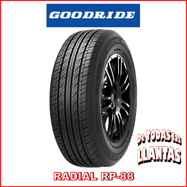 Imagen de llanta Goodride RP88 con logos de marca, modelo y logotipo de tienda