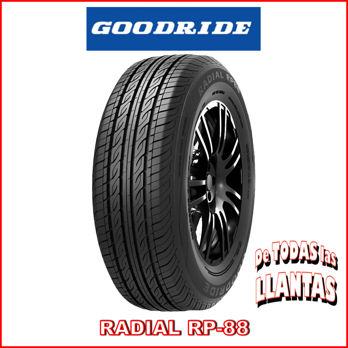 Imagen de llanta Goodride RP88 con logos de marca, modelo y logotipo de tienda