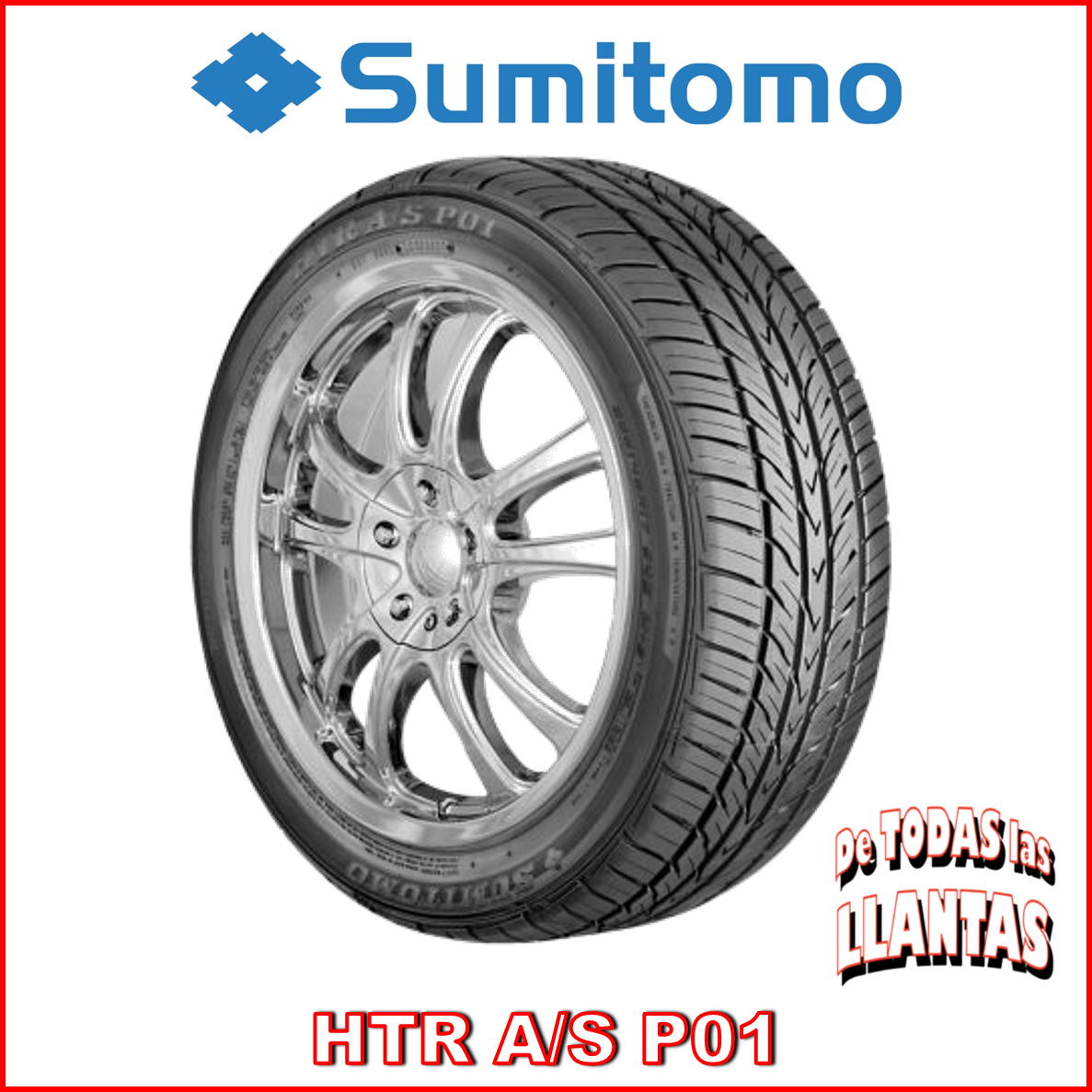 "Imagen de la llanta Sumitomo HTR A/S P01 205/55R16 91V, diseñada para alto rendimiento, tracción excelente y durabilidad todo el año."