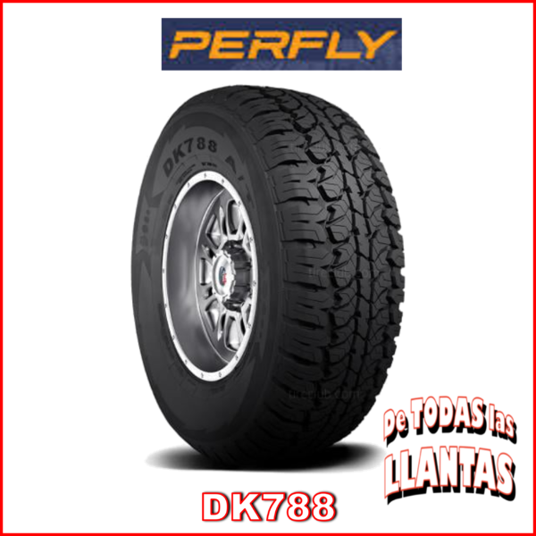 "Llanta PERFLY DK788 AT, diseño robusto para todo tipo de terrenos, con logo de la marca."
